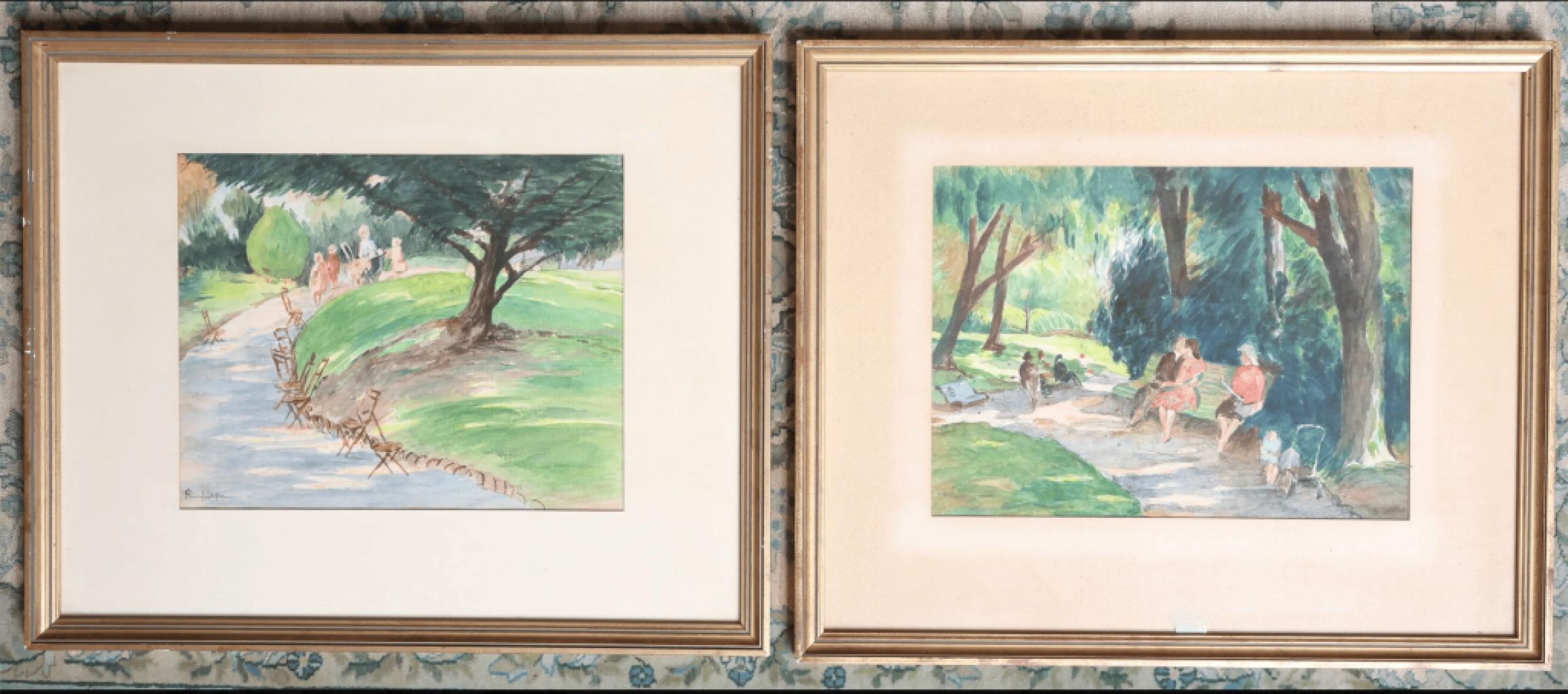 Expertise Suite de deux aquarelles: Vue de parc animé - Artemis Estimations